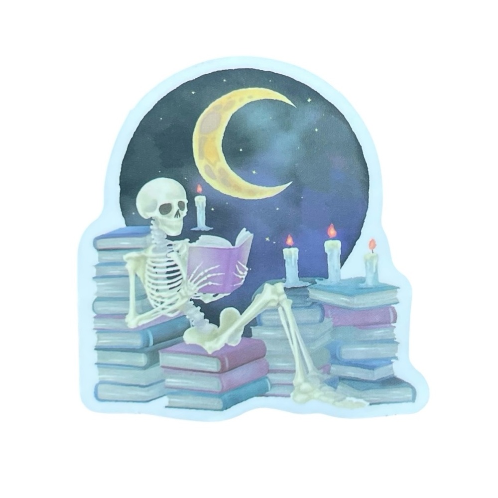 Skeleton Reading Sticker with Moon and Candles Gothic Book Lover